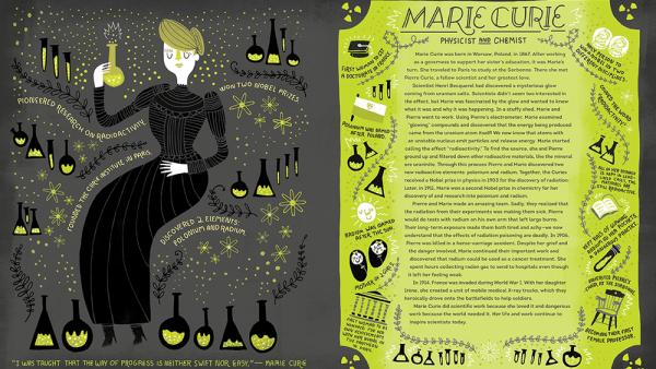 Marie Curie in Rachel Ignotofsky's "Women in Science" postcard series.