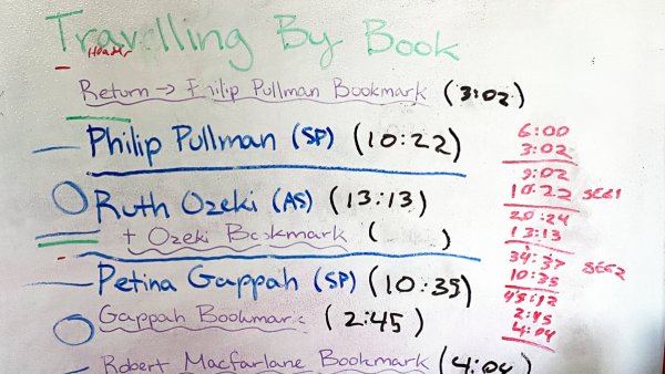 whiteboard from Feb 2020 for "Traveling by Book"