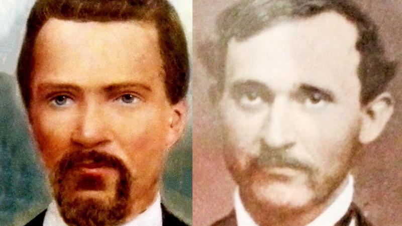 Half brothers Robert Lafayette Gee (right) and Henderson Gee (left). Robert was Ruben Gee‘s first child to his white wife, Aurelia. Henderson was his second child to his slave, Venus. Henderson was born a slave.