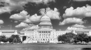 Black and white photograph of the U.S. Capitol Building in Washington D.C.